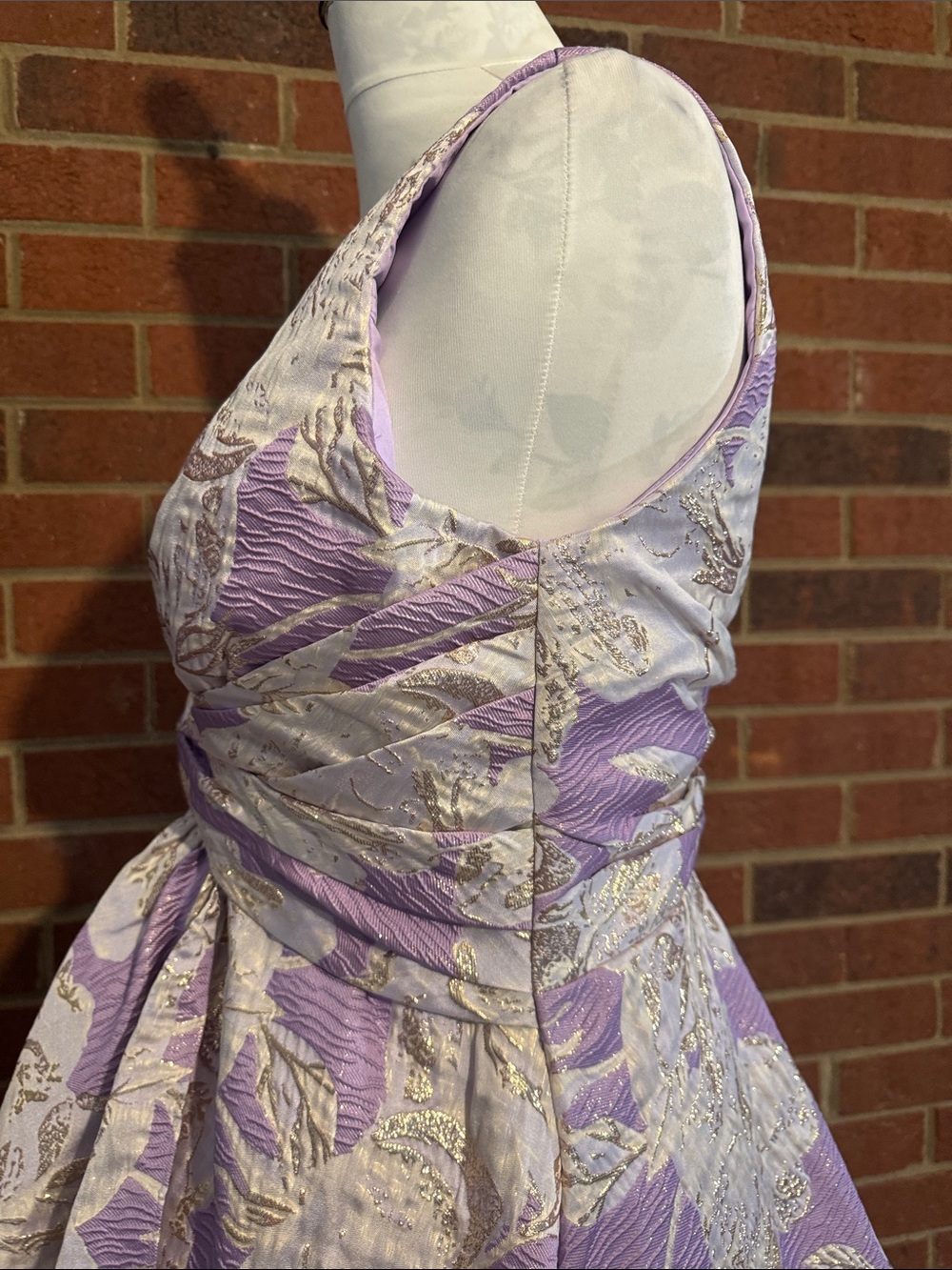 Shirees Lavender, White & Gold Metallic Floral Jacquard Twist-Front A-line Gown - Picture 5 of 10